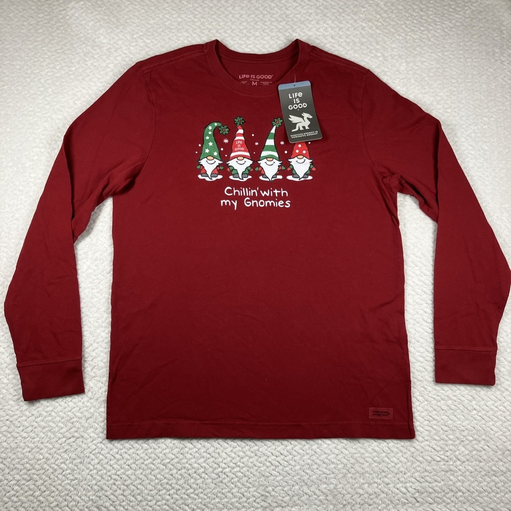 NWT Life Is Good T-Shirt Men's Medium Red Crusher Tee Chillin' With My Gnomies
